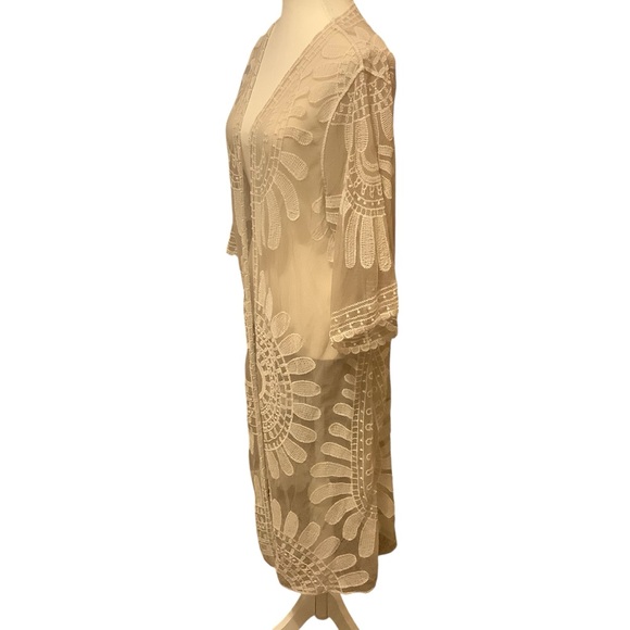 REBELLION CREAM/ WHITE LACE EMBROIDERED COTTON BLEND CARDIGAN/ Size L - Picture 2 of 12